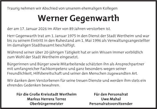 Traueranzeige von Werner Gegenwarth von Fränkische Nachrichten