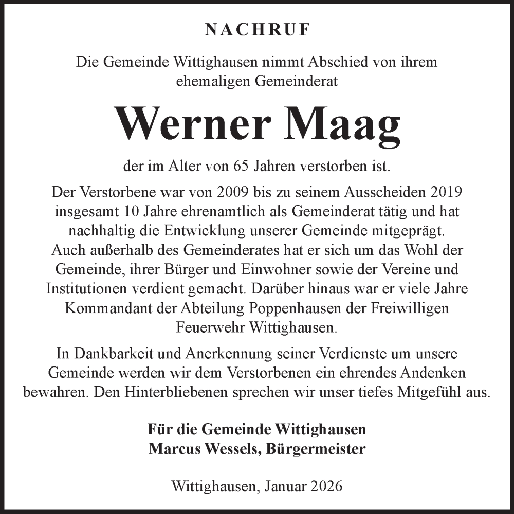  Traueranzeige für Werner Maag vom 28.01.2026 aus Fränkische Nachrichten