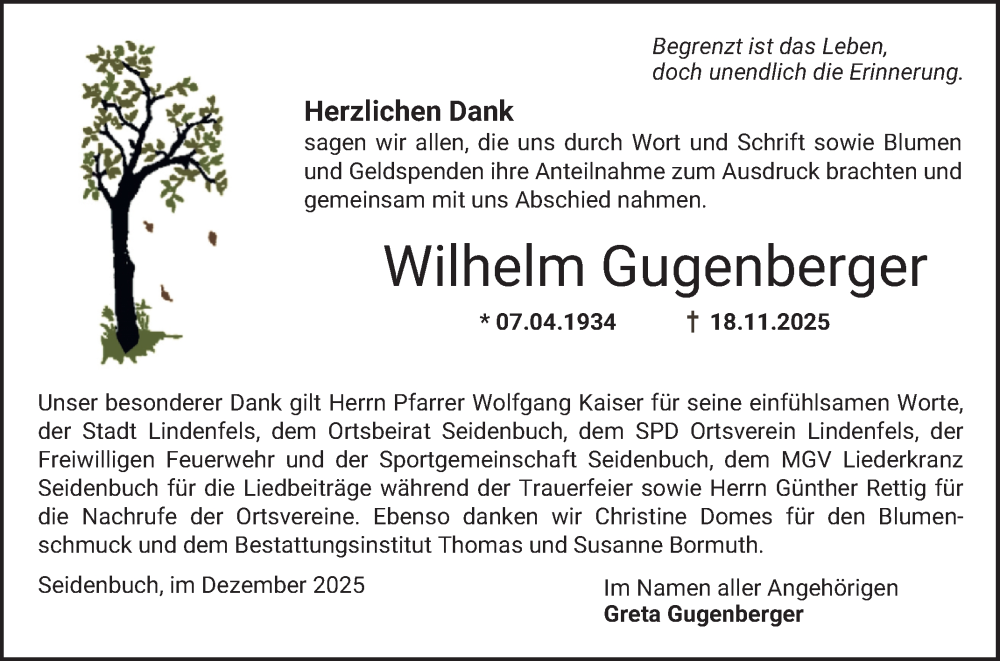  Traueranzeige für Wilhelm Gugenberger vom 03.01.2026 aus Bergsträßer Anzeiger