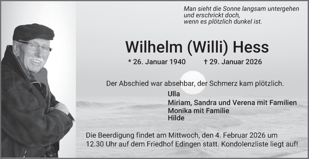  Traueranzeige für Wilhelm Hess vom 31.01.2026 aus Mannheimer Morgen