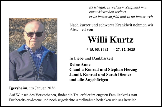 Traueranzeige von Willi Kurtz von Fränkische Nachrichten