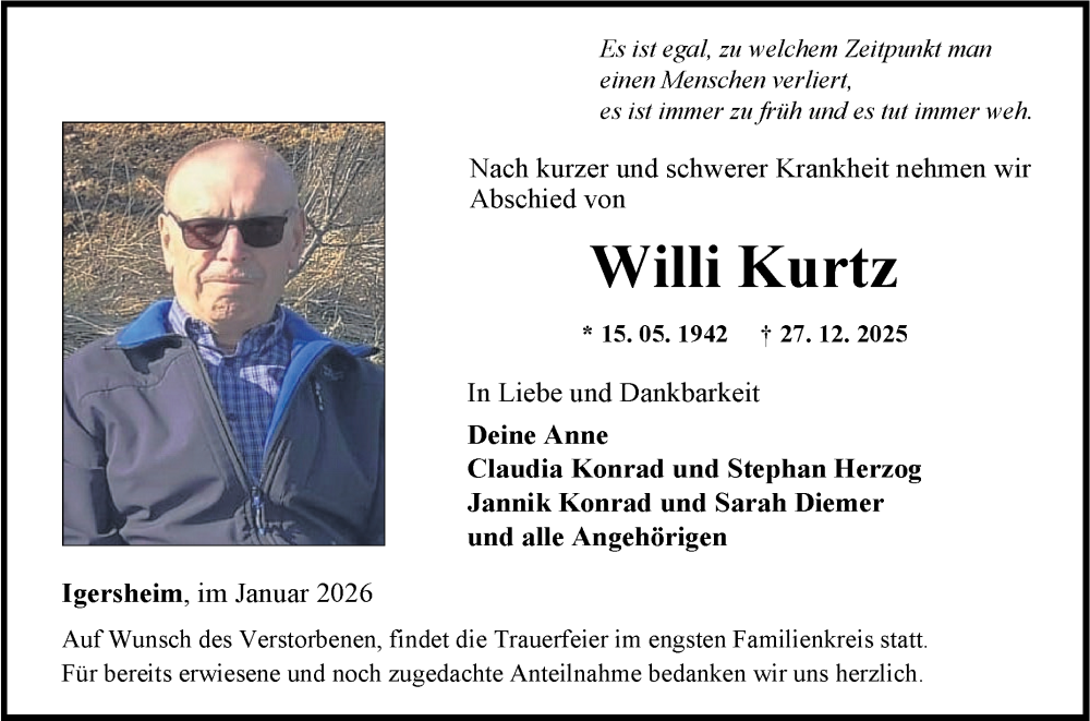  Traueranzeige für Willi Kurtz vom 03.01.2026 aus Fränkische Nachrichten
