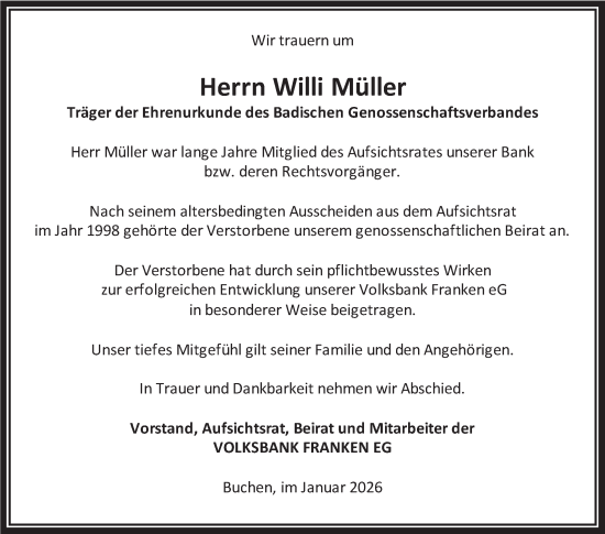 Traueranzeige von Willi Müller von Fränkische Nachrichten