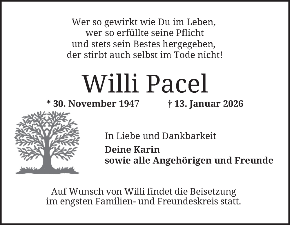  Traueranzeige für Willi Pacel vom 24.01.2026 aus Mannheimer Morgen