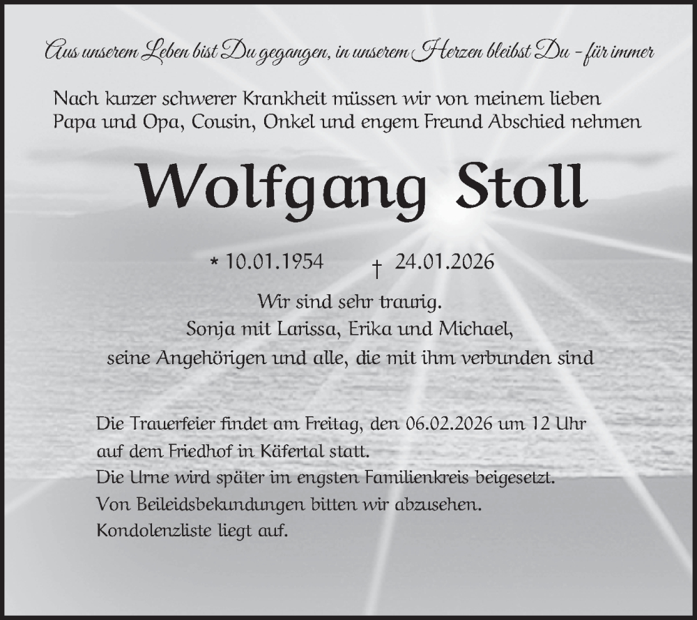  Traueranzeige für Wolfgang Stoll vom 31.01.2026 aus Mannheimer Morgen