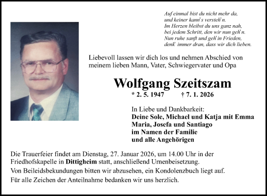 Traueranzeige von Wolfgang Szeitszam von Fränkische Nachrichten
