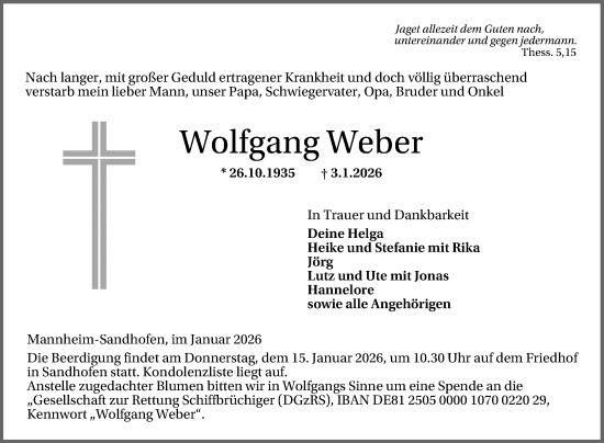 Traueranzeige von Wolfgang Weber von Mannheimer Morgen