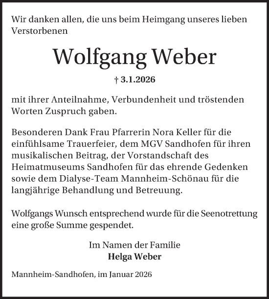 Traueranzeige von Wolfgang Weber von Mannheimer Morgen