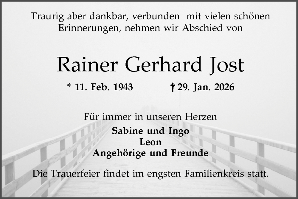  Traueranzeige für Rainer Gerhard Jost vom 07.02.2026 aus Mannheimer Morgen