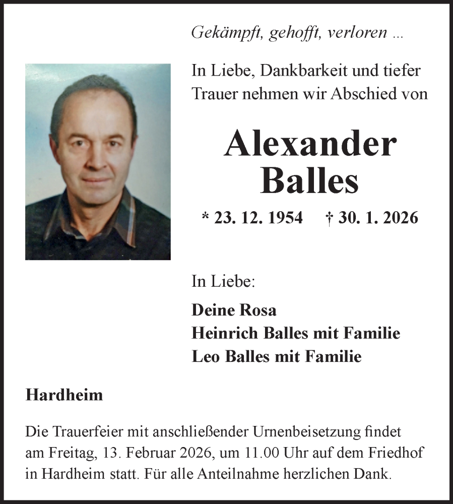  Traueranzeige für Alexander Balles vom 06.02.2026 aus Fränkische Nachrichten