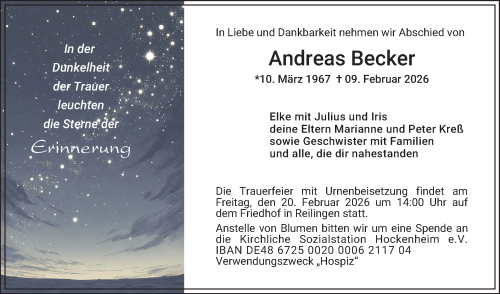  Traueranzeige für Andreas Becker vom 14.02.2026 aus Schwetzinger Zeitung