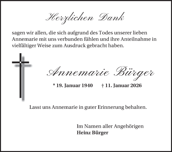 Traueranzeige von Annemarie Bürger von Schwetzinger Zeitung