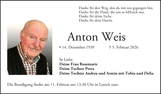 Traueranzeige von Anton Weis von Bergsträßer Anzeiger