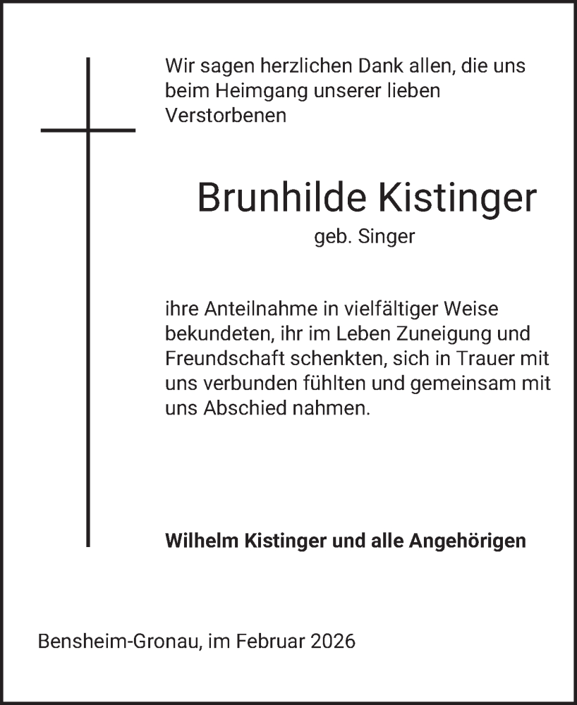  Traueranzeige für Brunhilde Kistinger vom 07.02.2026 aus Bergsträßer Anzeiger
