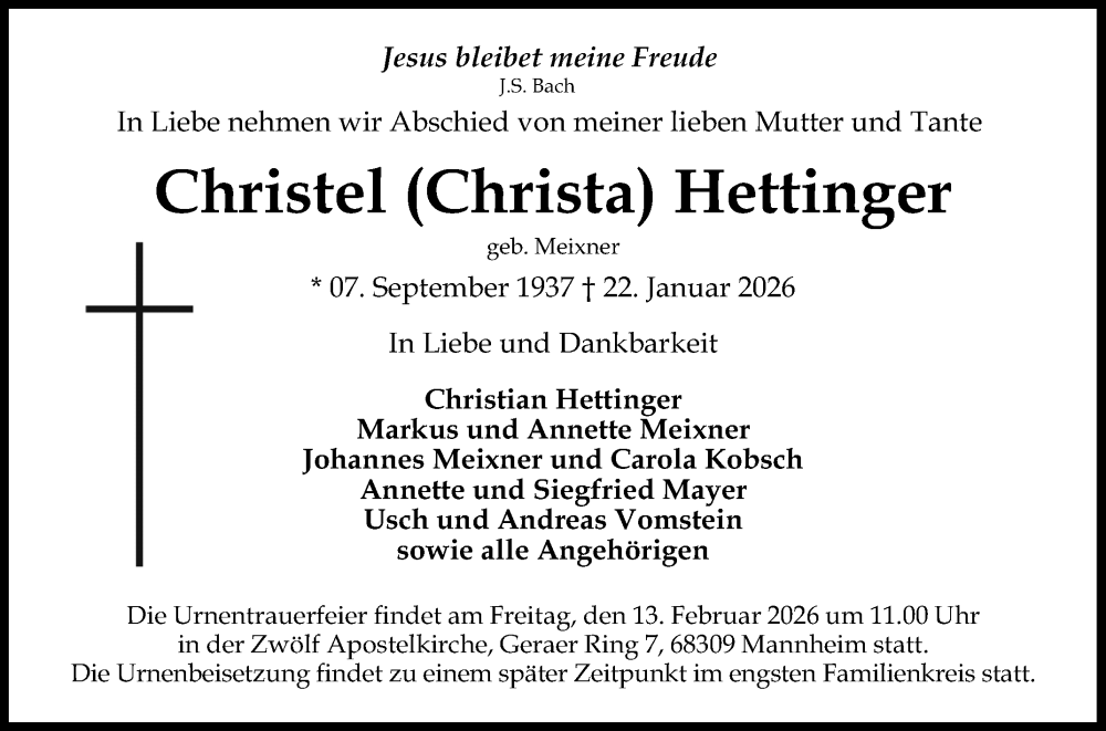  Traueranzeige für Christel Hettinger vom 07.02.2026 aus Mannheimer Morgen