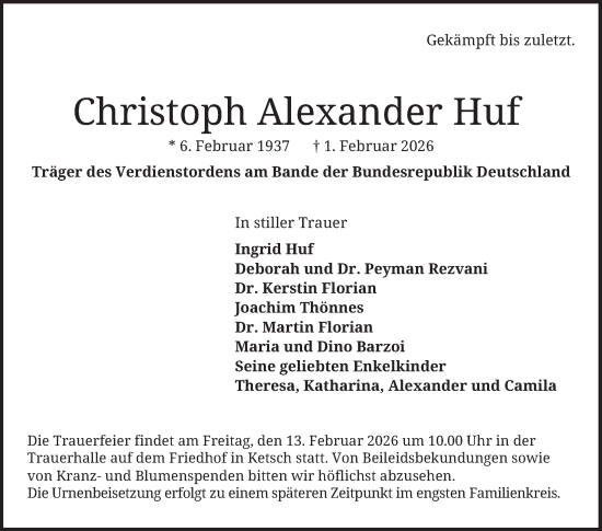 Traueranzeige von Christoph Alexander Huf von Schwetzinger Zeitung