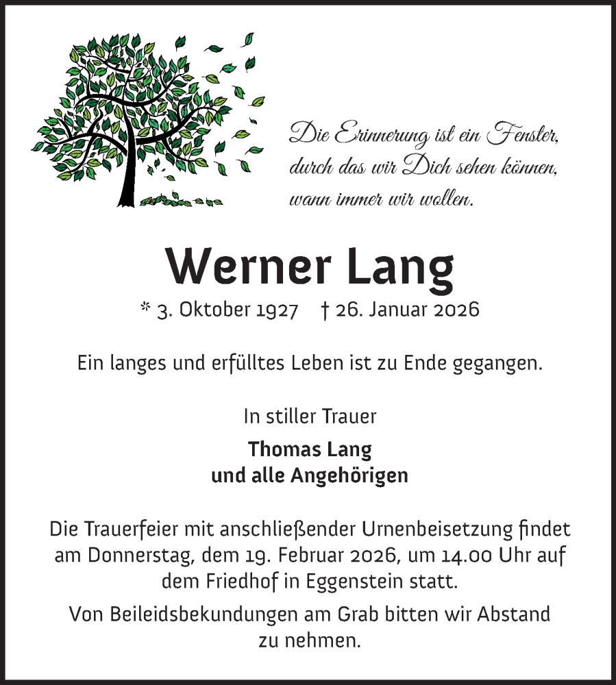  Traueranzeige für Werner Lang vom 07.02.2026 aus Schwetzinger Zeitung