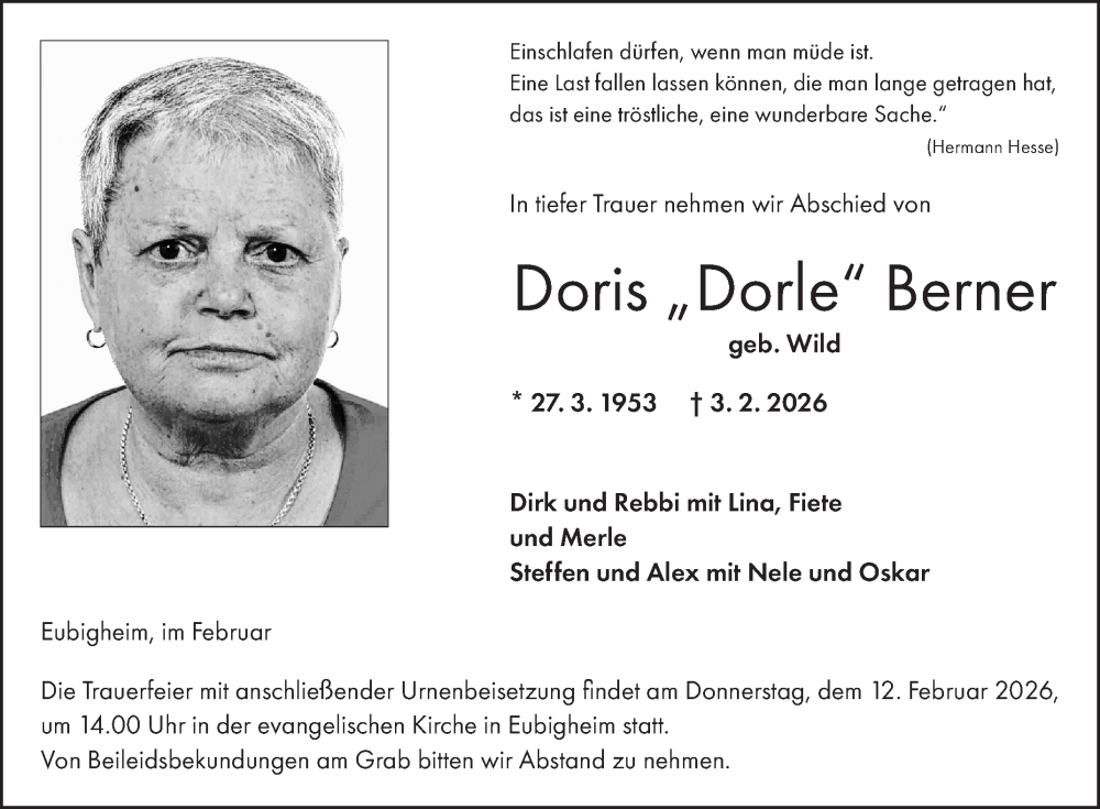  Traueranzeige für Doris Berner vom 07.02.2026 aus Fränkische Nachrichten