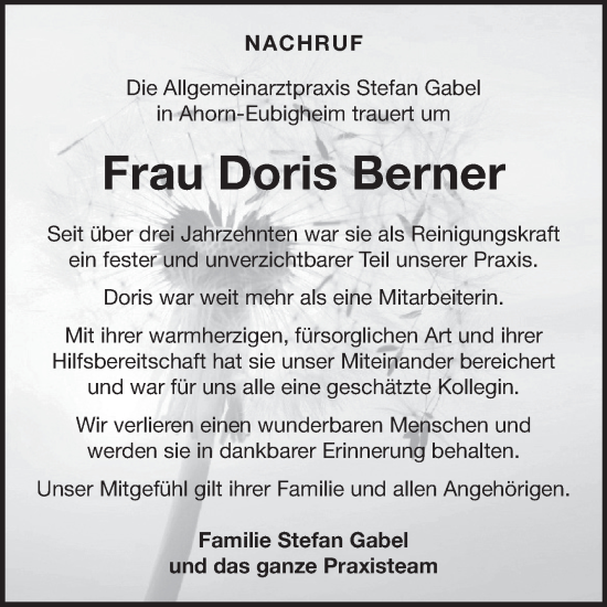 Traueranzeige von Doris Berner von Fränkische Nachrichten