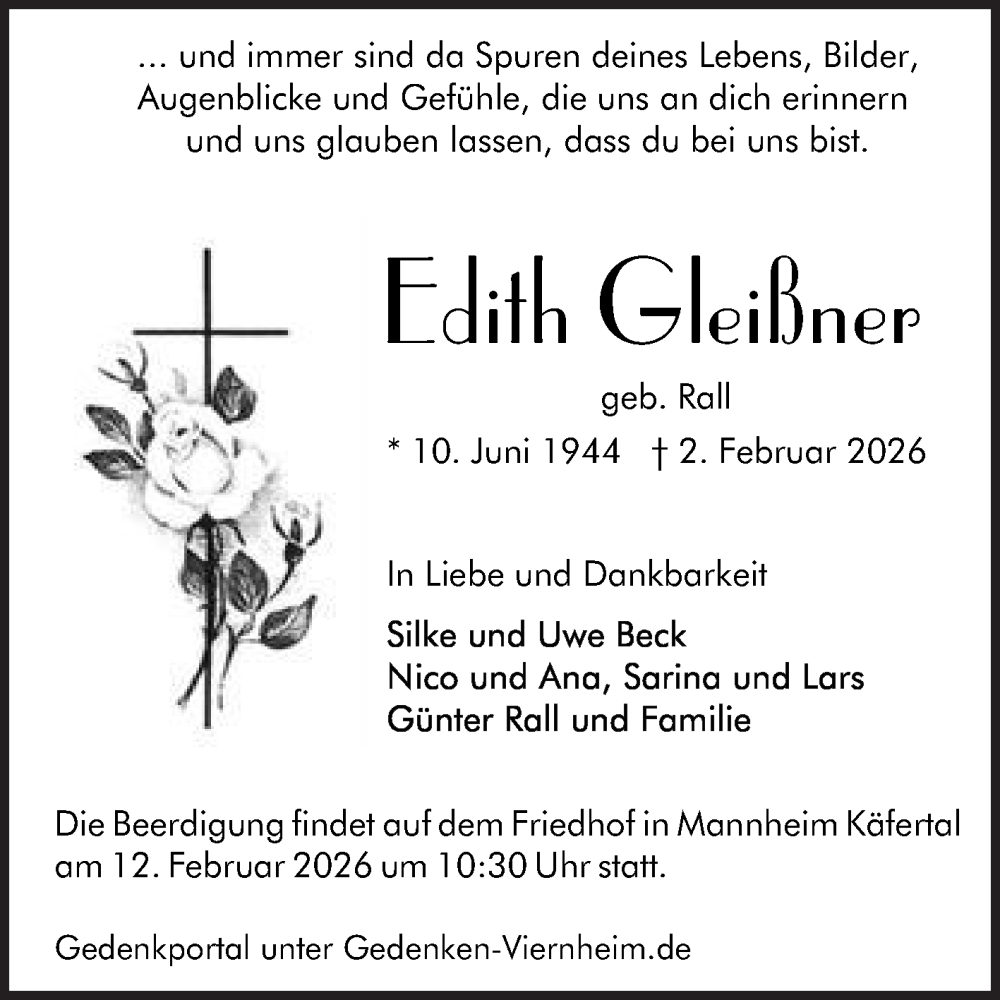  Traueranzeige für Edith Gleißner vom 07.02.2026 aus Mannheimer Morgen