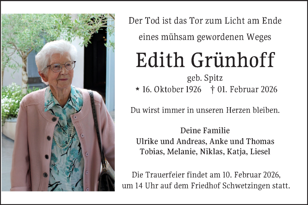  Traueranzeige für Edith Grünhoff vom 05.02.2026 aus Schwetzinger Zeitung