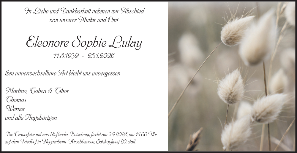  Traueranzeige für Eleonore Sophie Lulay vom 04.02.2026 aus Bergsträßer Anzeiger