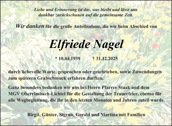 Traueranzeige von Elfriede Nagel von Fränkische Nachrichten