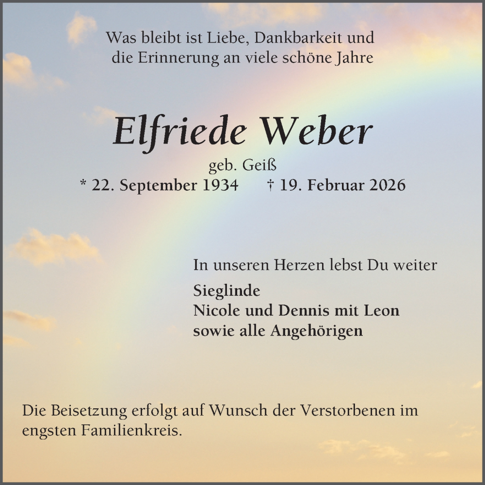  Traueranzeige für Elfriede Weber vom 28.02.2026 aus Schwetzinger Zeitung
