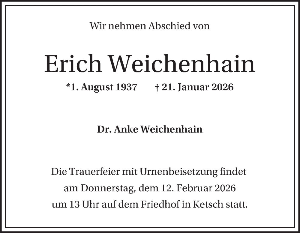  Traueranzeige für Erich Weichenhain vom 07.02.2026 aus Schwetzinger Zeitung