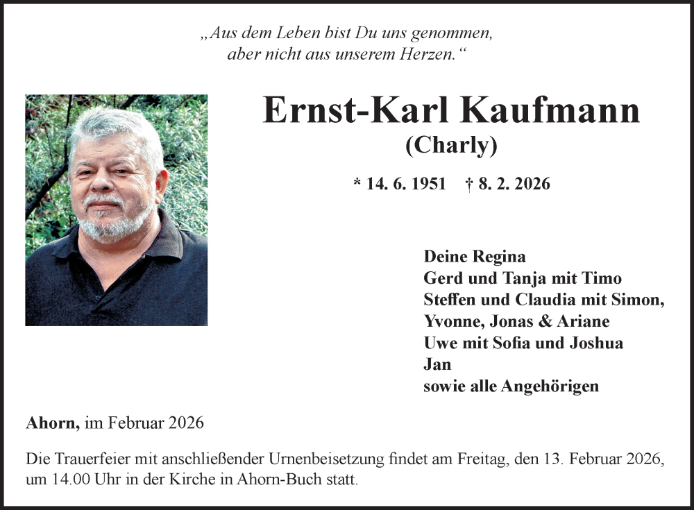  Traueranzeige für Ernst-Karl Kaufmann vom 11.02.2026 aus Fränkische Nachrichten