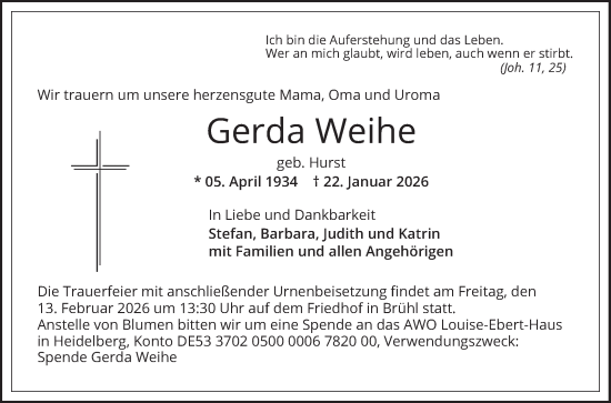 Traueranzeige von Gerda Weihe von Schwetzinger Zeitung