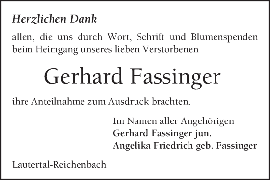 Traueranzeige von Gerhard Fassinger von Bergsträßer Anzeiger