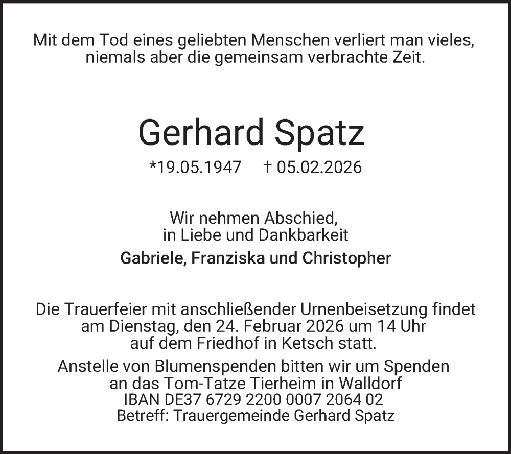  Traueranzeige für Gerhard Spatz vom 14.02.2026 aus Schwetzinger Zeitung