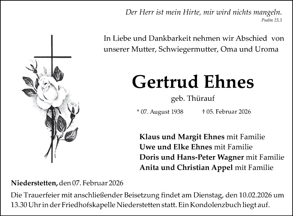  Traueranzeige für Gertrud Ehnes vom 07.02.2026 aus Fränkische Nachrichten