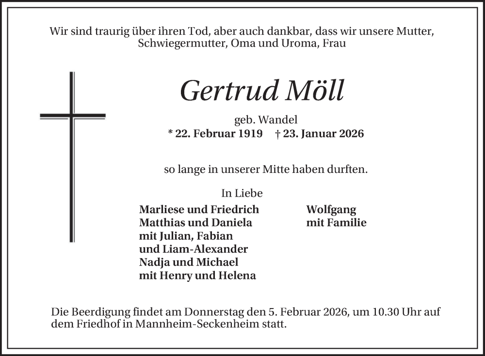  Traueranzeige für Gertrud Möll vom 03.02.2026 aus Mannheimer Morgen