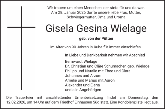 Traueranzeige von Gisela Gesina Wielage von Bergsträßer Anzeiger