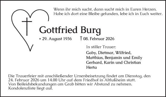 Traueranzeige von Gottfried Burg von Schwetzinger Zeitung