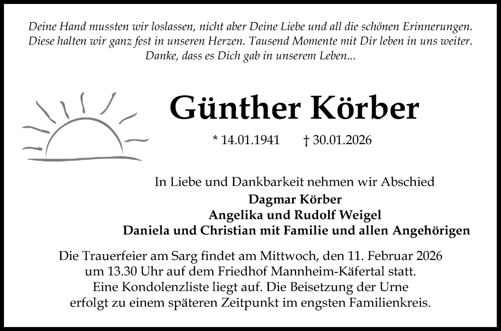  Traueranzeige für Günther Körber vom 07.02.2026 aus Mannheimer Morgen