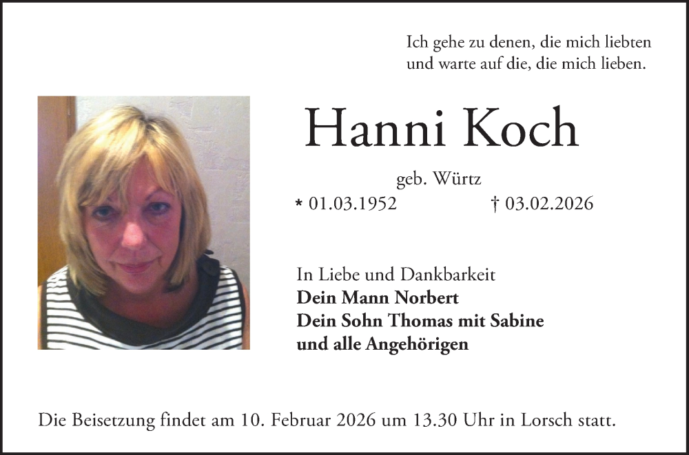  Traueranzeige für Hanni Koch vom 07.02.2026 aus Bergsträßer Anzeiger