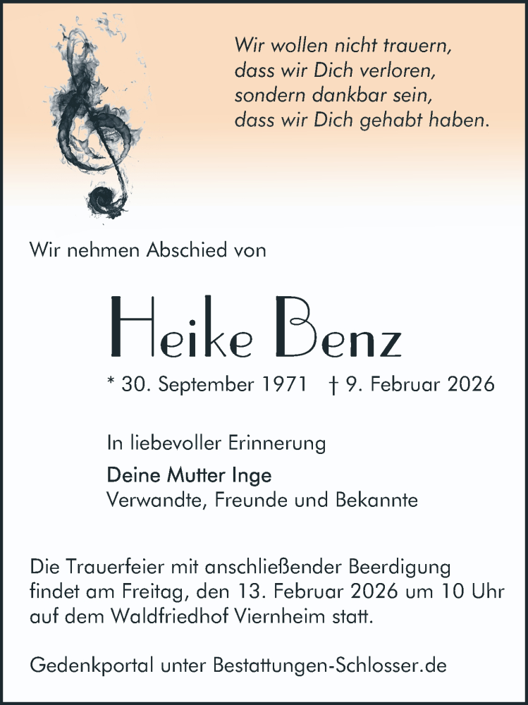  Traueranzeige für Heike Benz vom 11.02.2026 aus Mannheimer Morgen