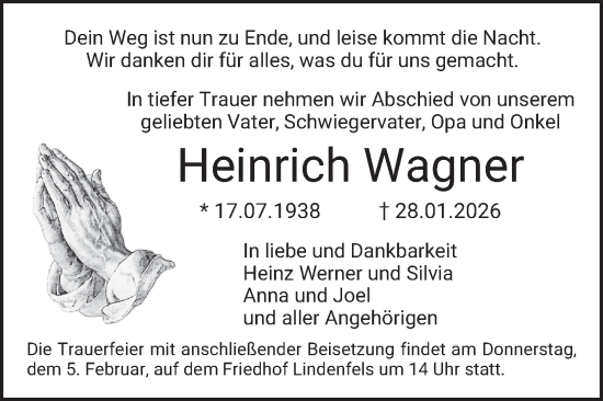 Traueranzeige von Heinrich Wagner von Bergsträßer Anzeiger