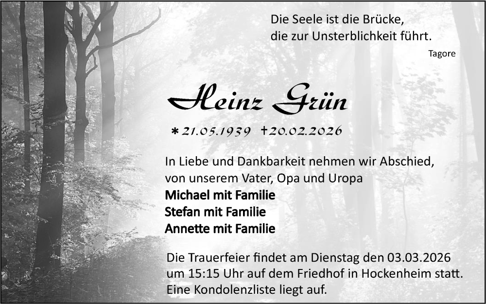  Traueranzeige für Heinz Grün vom 28.02.2026 aus Schwetzinger Zeitung