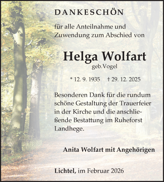 Traueranzeige von Helga Wolfart von Fränkische Nachrichten