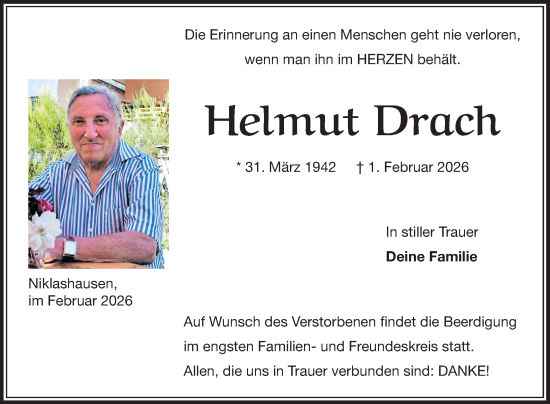 Traueranzeige von Helmut Drach von Fränkische Nachrichten