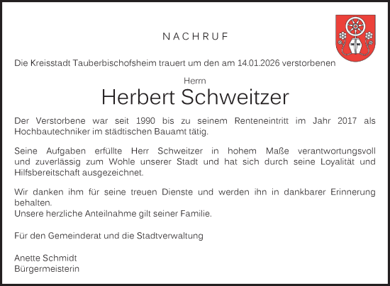 Traueranzeige von Herbert Schweitzer von Fränkische Nachrichten