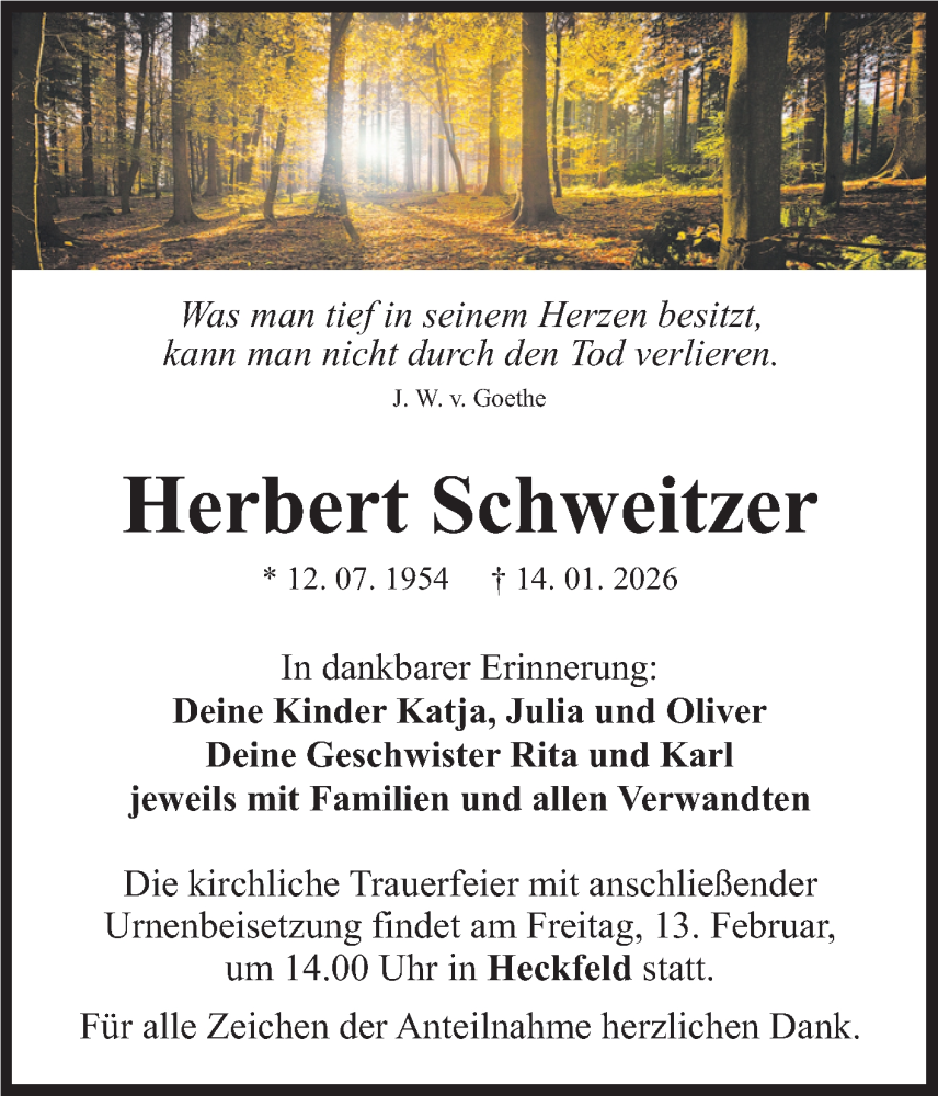  Traueranzeige für Herbert Schweitzer vom 07.02.2026 aus Fränkische Nachrichten