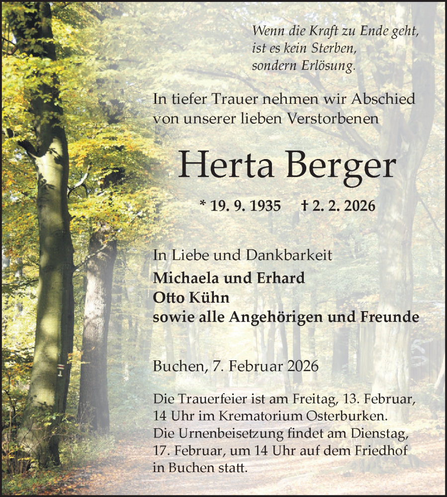  Traueranzeige für Herta Berger vom 07.02.2026 aus Fränkische Nachrichten