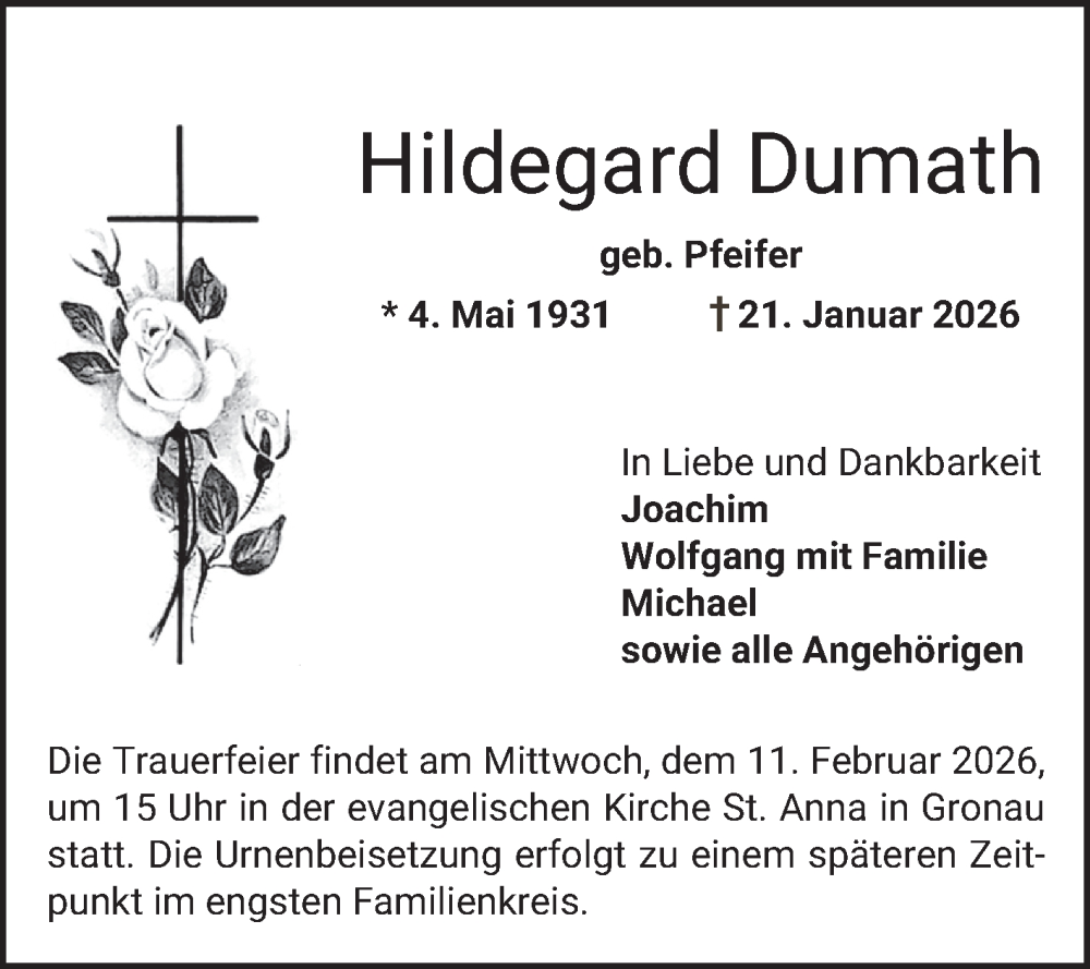  Traueranzeige für Hildegard Dumath vom 07.02.2026 aus Bergsträßer Anzeiger
