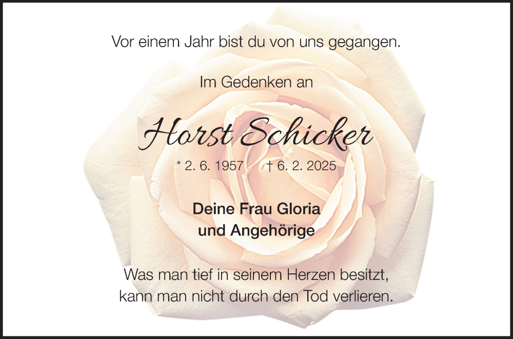  Traueranzeige für Horst Schicker vom 06.02.2026 aus Fränkische Nachrichten