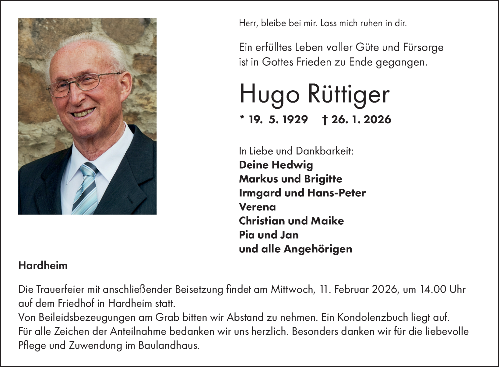  Traueranzeige für Hugo Rüttiger vom 05.02.2026 aus Fränkische Nachrichten